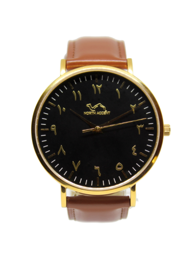 Men Gold  & Black Leather Arabic Watch 