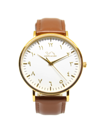 Men Gold  & White Leather Arabic Watch 