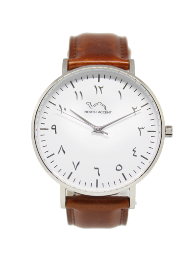 Men Silver & White Leather Arabic Watch 