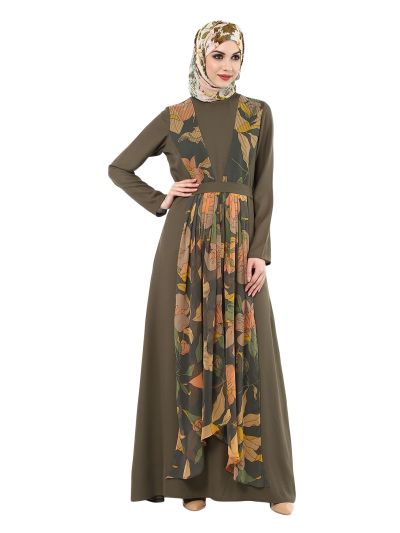 Green Printed Pleated Abaya