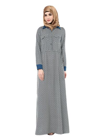 Blue Printed Collar Maxi Abaya