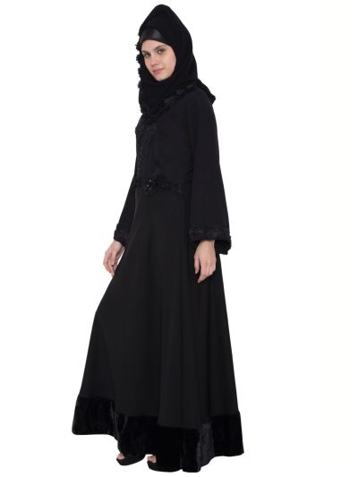 Black Abaya with Velvet and Lace Work