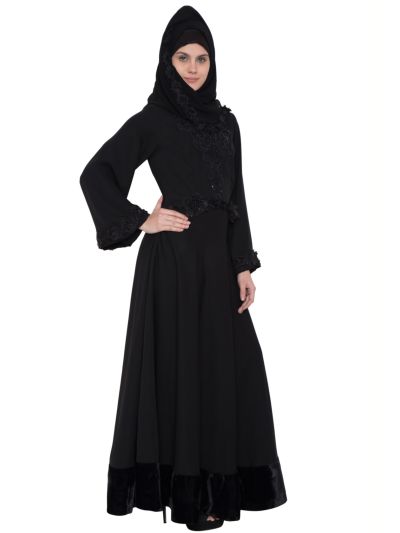 Black Abaya with Velvet and Lace Work