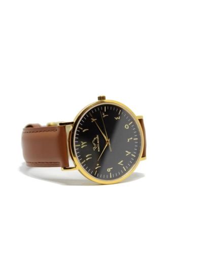 Men Gold  & Black Leather Arabic Watch 