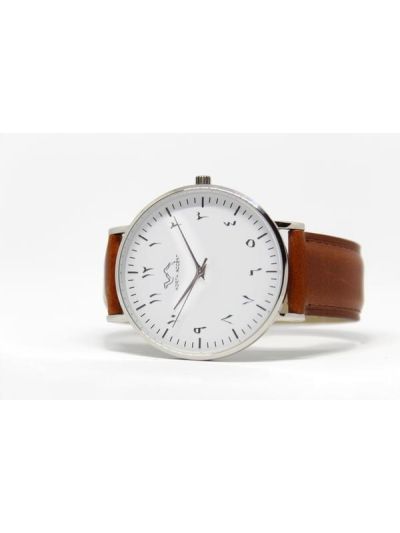 Men Silver & White Leather Arabic Watch 