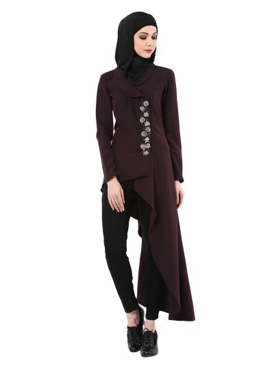 Wine Embellished Assymmetric Tunic 
