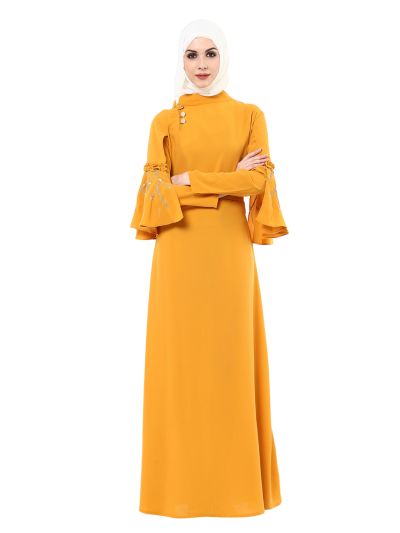 Yellow Abaya with Bell Sleeve and Embroidery