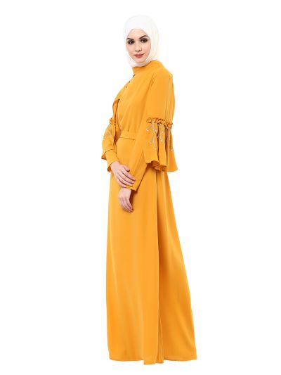 Yellow Abaya with Bell Sleeve and Embroidery
