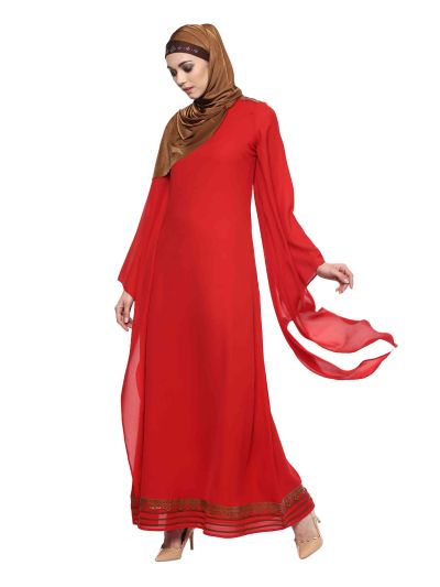 Red Abaya with detailed Sleeve