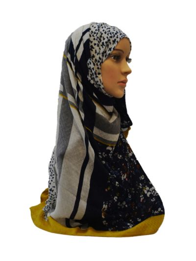 Floral Print Hijab With Checks Weave
