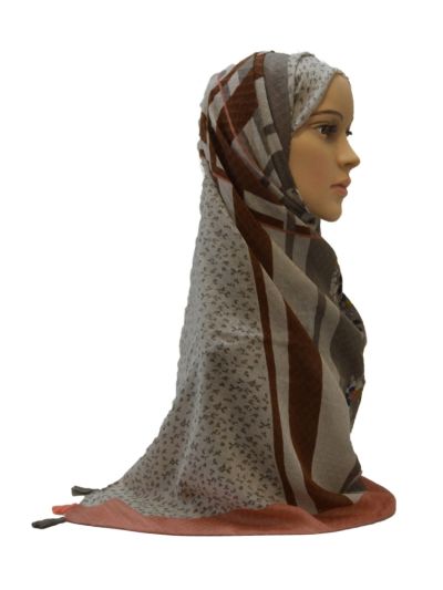 Floral Print Hijab With Checks Weave