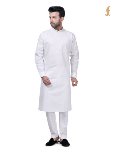 White Yuksek Motif Kurta Set for Men