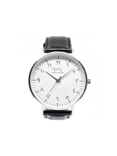 Men Silver & White Leather Arabic Watch 