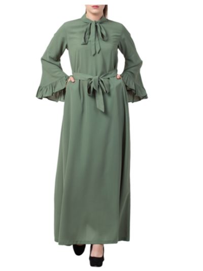 Abaya With Collar Ribbon and Frilled Bell Sleeves