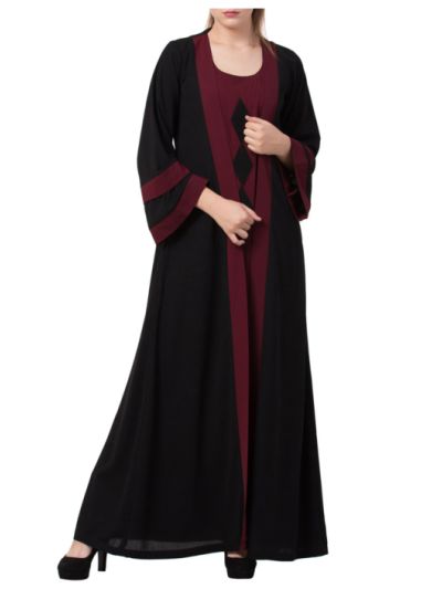 Abaya Dress With Attached Shrug and a Matching Belt in Contrast Colors