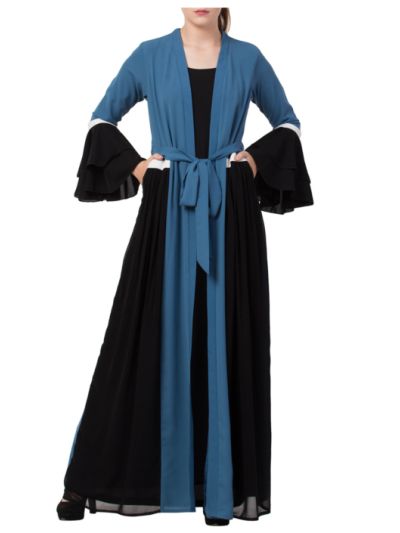 Abaya Like Dress with Attached Shrug and a Belt in Multi Color