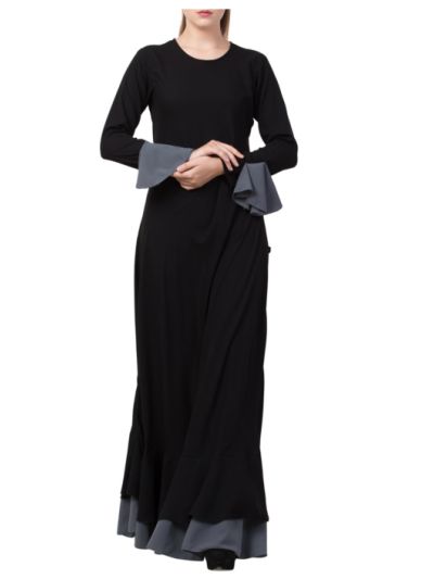 Dual Color Designer Abaya Dress in Biased Cut with frills in Layers