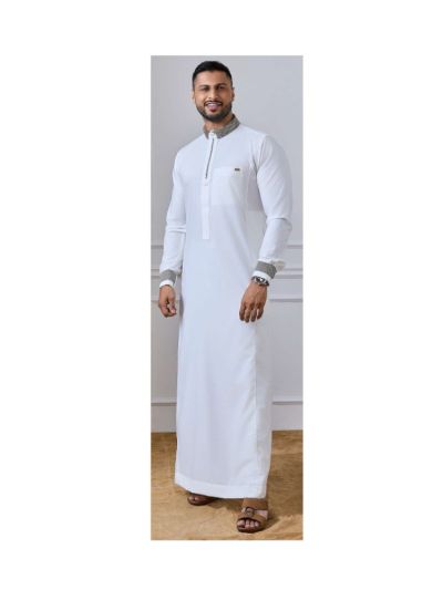 Al Noor White Thobe with Grey Collar