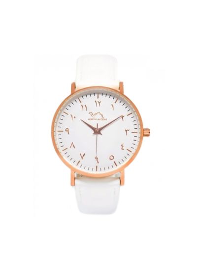 Women Rose Gold & White Leather Arabic Watch 