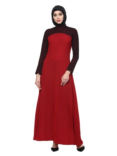 Red Abaya with Black Lace on Sleeves and Shoulder