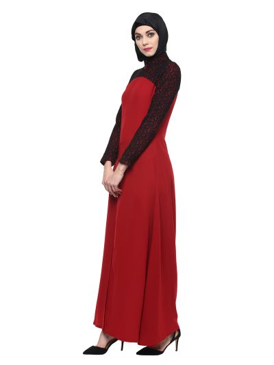 Red Abaya with Black Lace on Sleeves and Shoulder