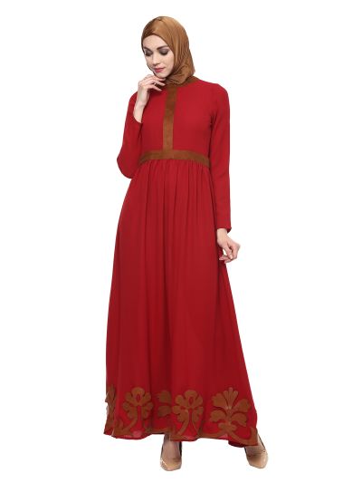 Red Abaya with Leather Detail