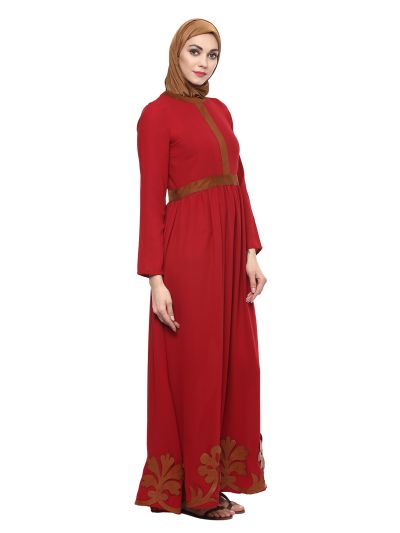 Red Abaya with Leather Detail