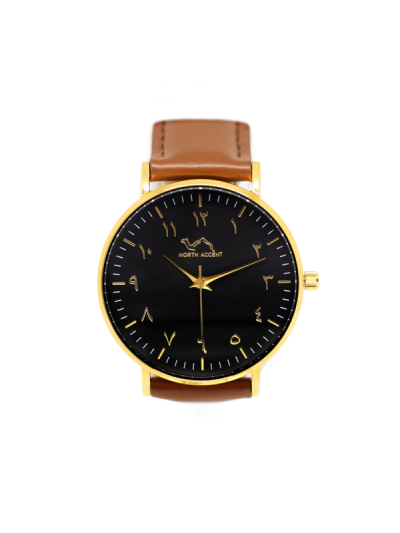 Women Gold & Black Leather Arabic Watch 