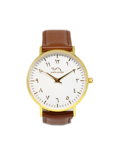 Women Gold & White Leather Arabic Watch 