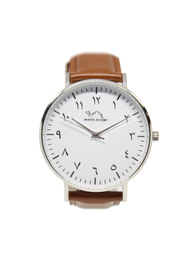 Women Silver & White Leather Arabic Watch 
