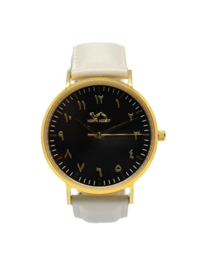 Women Gold & Black Leather Arabic Watch 