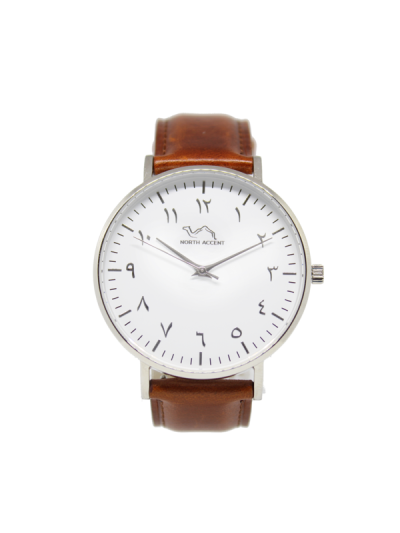 Women Silver & White Leather Arabic Watch 