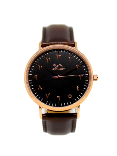 Women Rose Gold & Black Leather Arabic Watch 