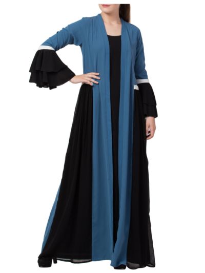 Abaya Like Dress with Attached Shrug and a Belt in Multi Color