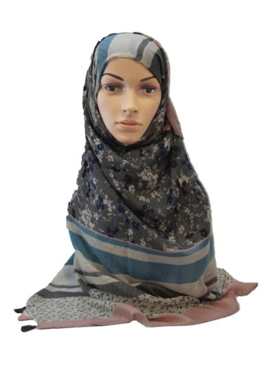 Floral Print Hijab With Checks Weave