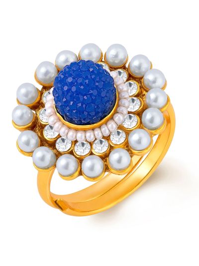 Exotic Gold Plated Ring With AD and White Pearls Free Size