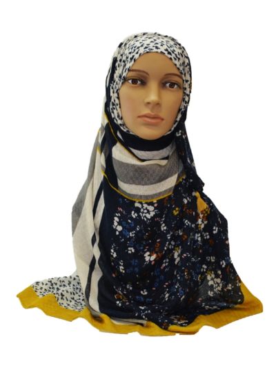 Floral Print Hijab With Checks Weave