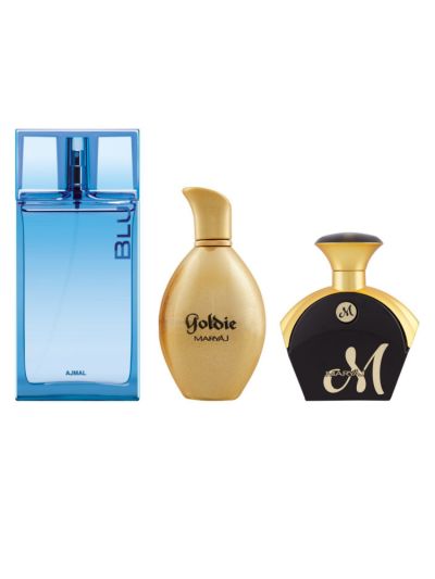 Ajmal Blu EDP 90ml For Him & Maryaj Goldie EDP 100ml For Her & M For Her EDP 90ml Bundle of 3