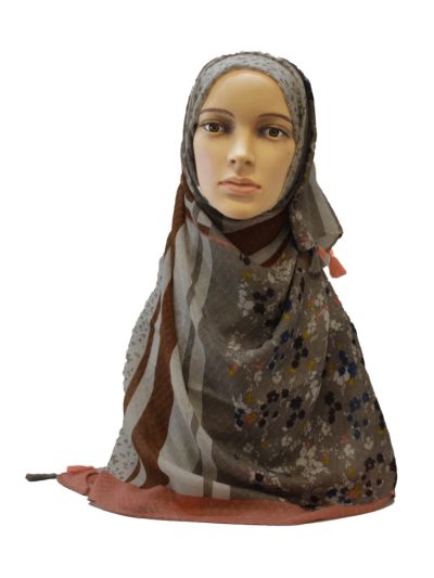 Floral Print Hijab With Checks Weave