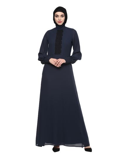  Navy Blue Smoked Detail Collar Maxi Abaya