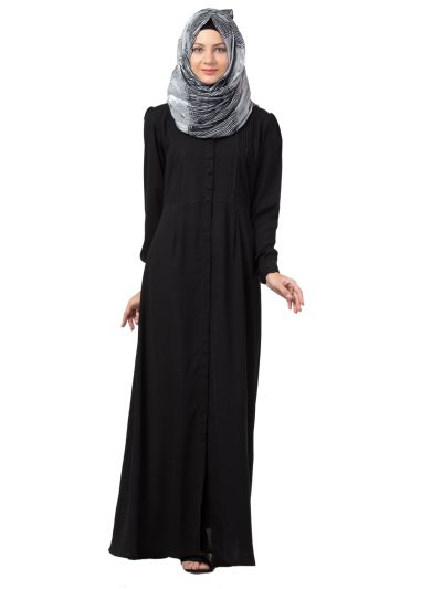 Black Pintucks Front Open Abaya With Cuff Sleeves