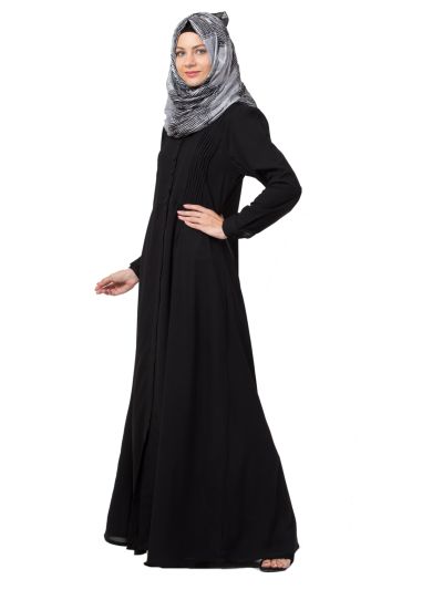 Black Pintucks Front Open Abaya With Cuff Sleeves