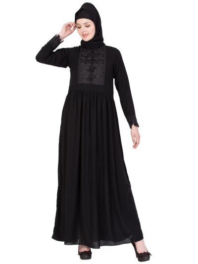 Black Embroidered Lace Work Abaya
