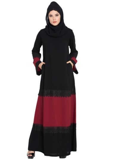 Dress Abaya with Inserted Panels in Contrast-Black-Maroon