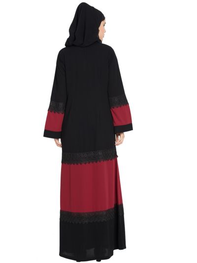 Dress Abaya with Inserted Panels in Contrast-Black-Maroon