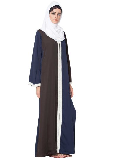 Maha Dual Color Front Open Abaya with Imported Pearl Lace