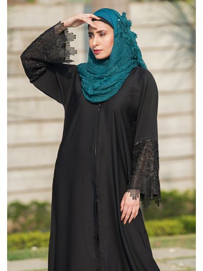 Black Abaya with Net Embroidered Sleeves