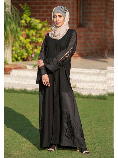 Black Abaya with See through Embroidery