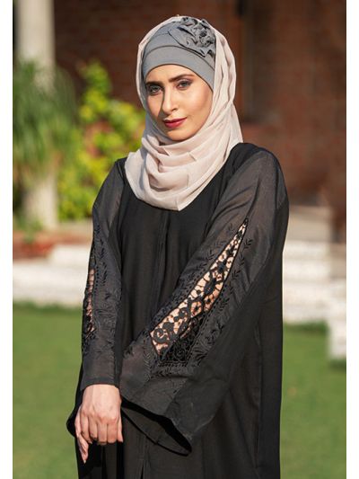 Black Abaya with See through Embroidery
