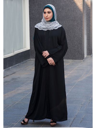 Black Pearl & Flowers Embroidered Abaya